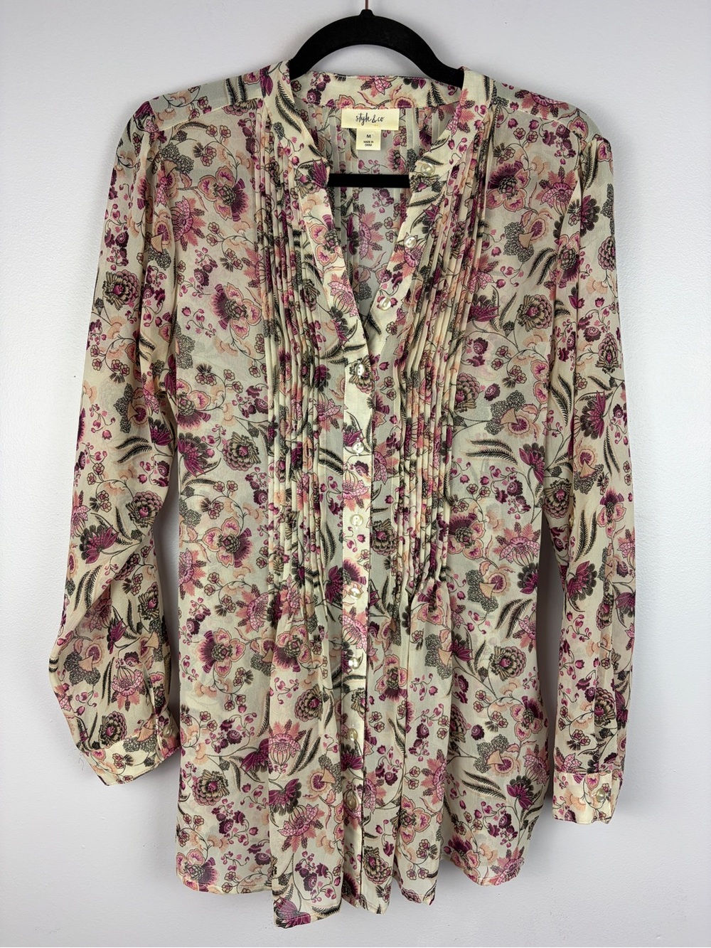 Style & Co Floral Pintuck Tunic Blouse Pink Cream Medium